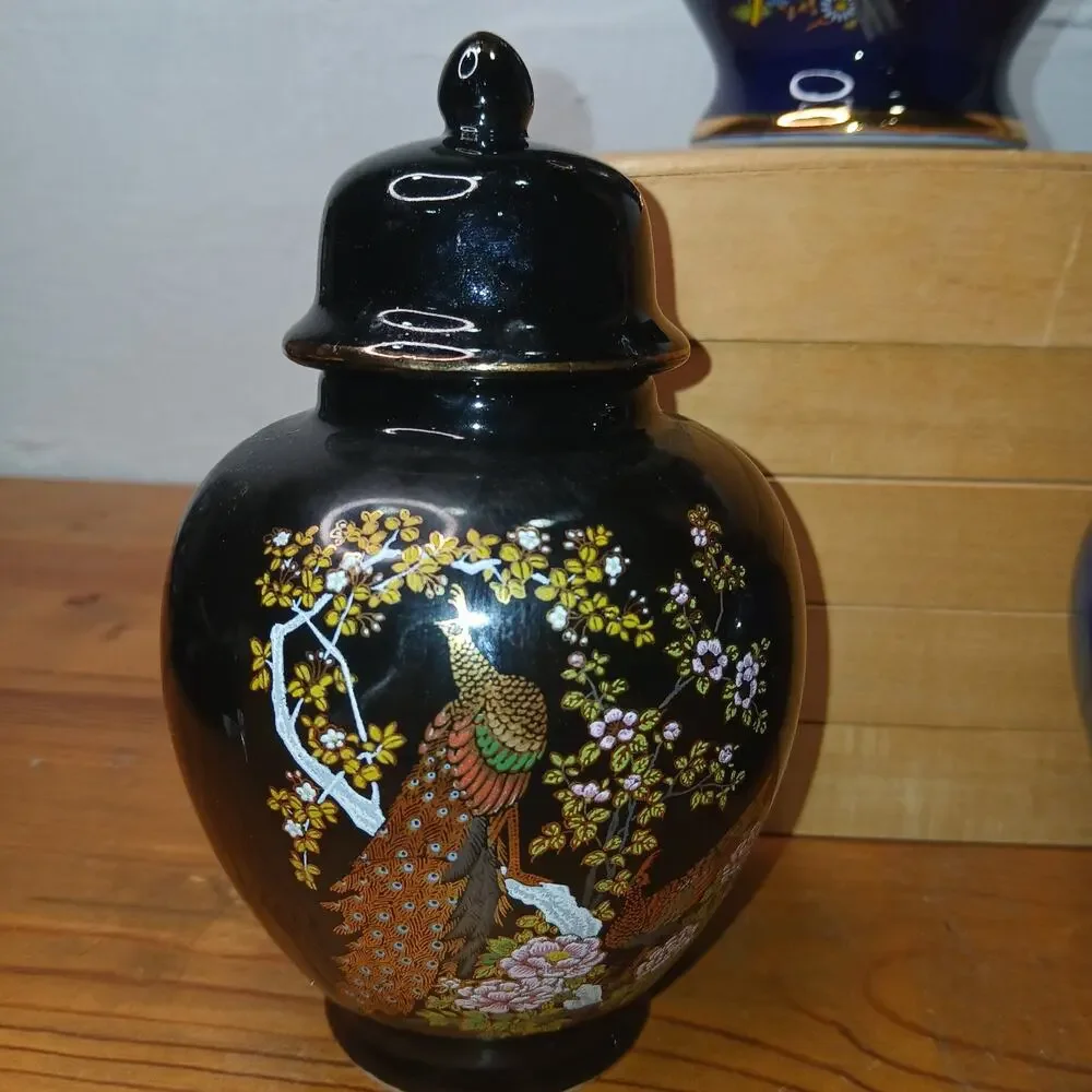 3 Cobalt Blue Vase Ginger Jar with Lid Floral Peacock Asian Decor Accent #54